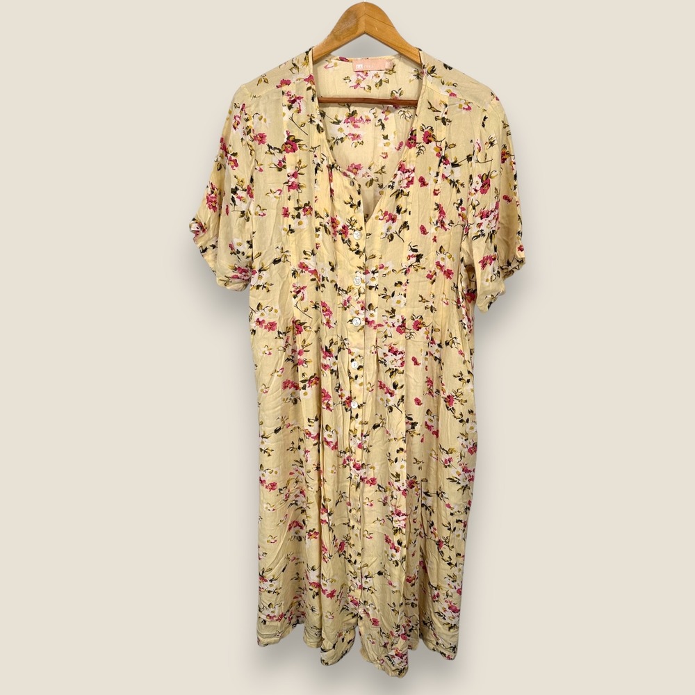 La Cera Short Sleeve Button Down Midi Dress Womens PXL Yellow Floral Print Rayon